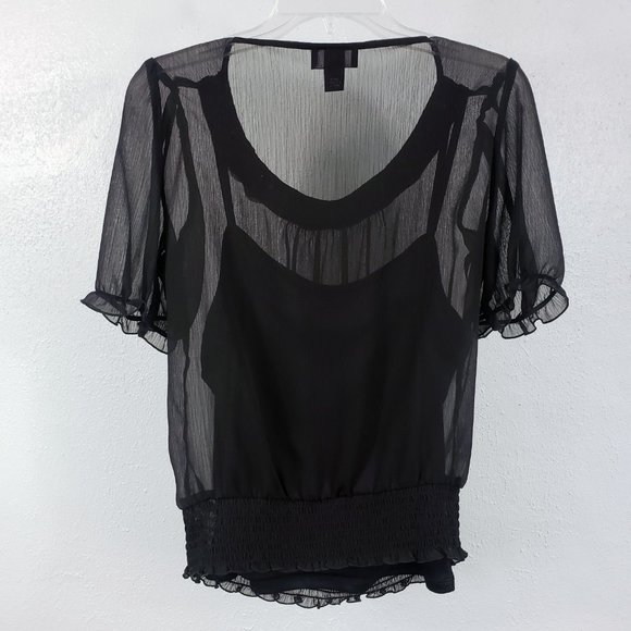 B Wear Women's Black Sheer Floral Short Sleeve Blouse Shirt Tank Top 1 Piece Set - Picture 8 of 14